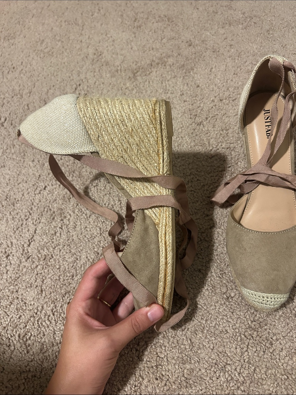JustFab Taupe and Cream Espadrille Wedge Sandals with Ankle Wrap